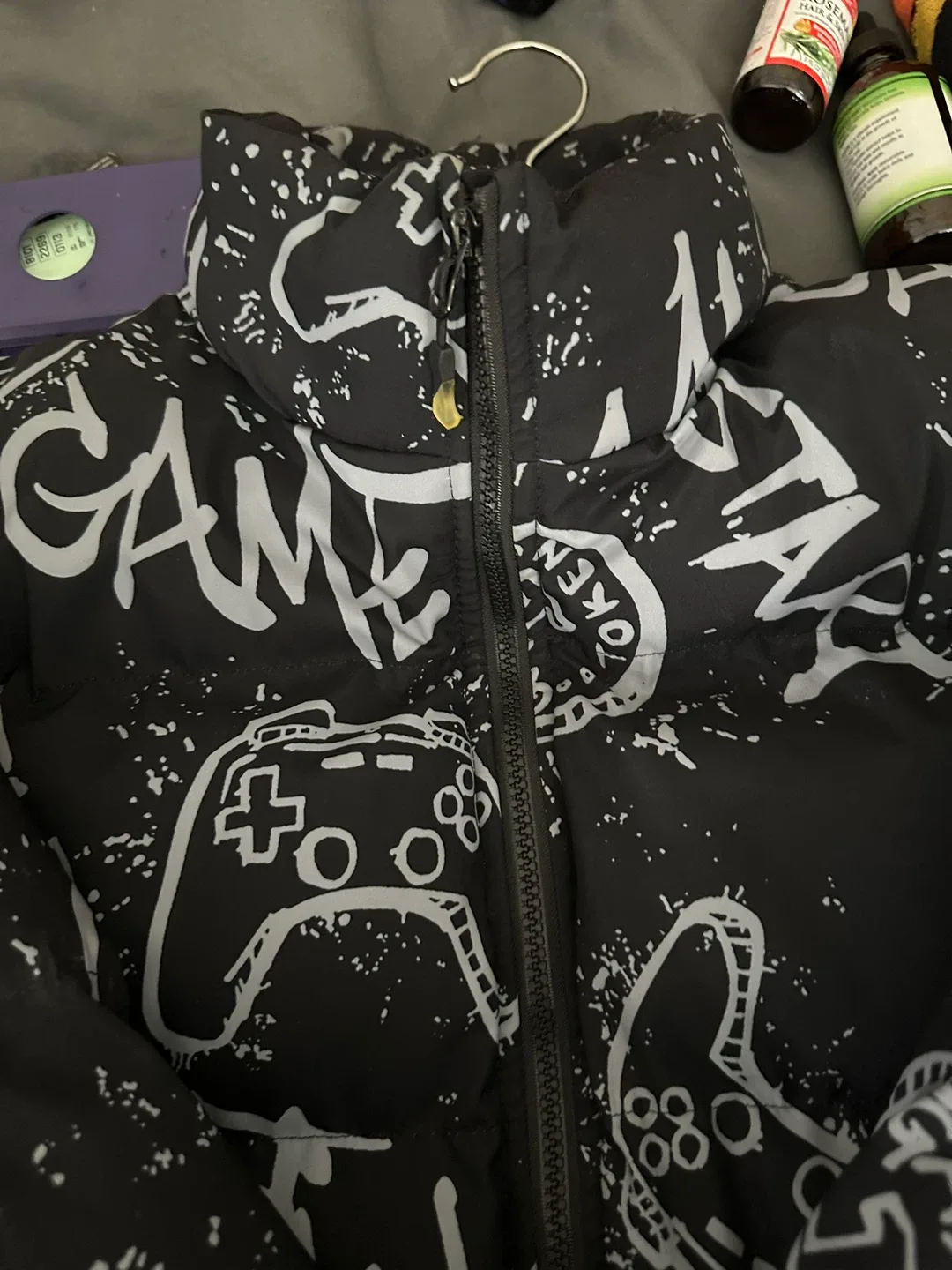 Black Puffer Jacket with Game Controller Print image indicator(2)