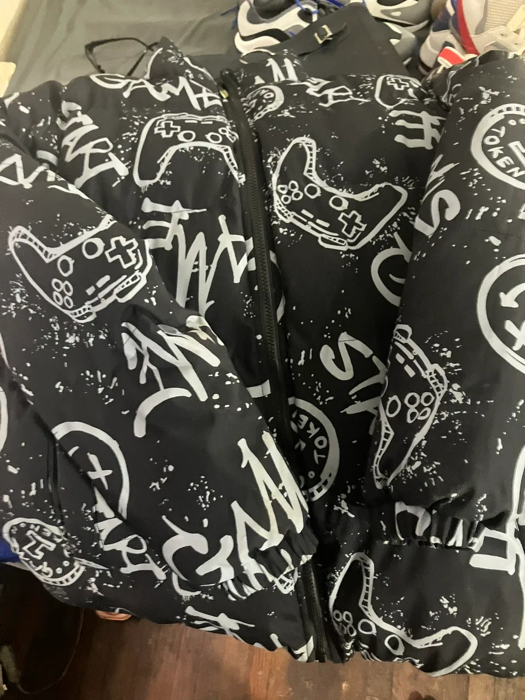 Black Puffer Jacket with Game Controller Print image indicator(6)