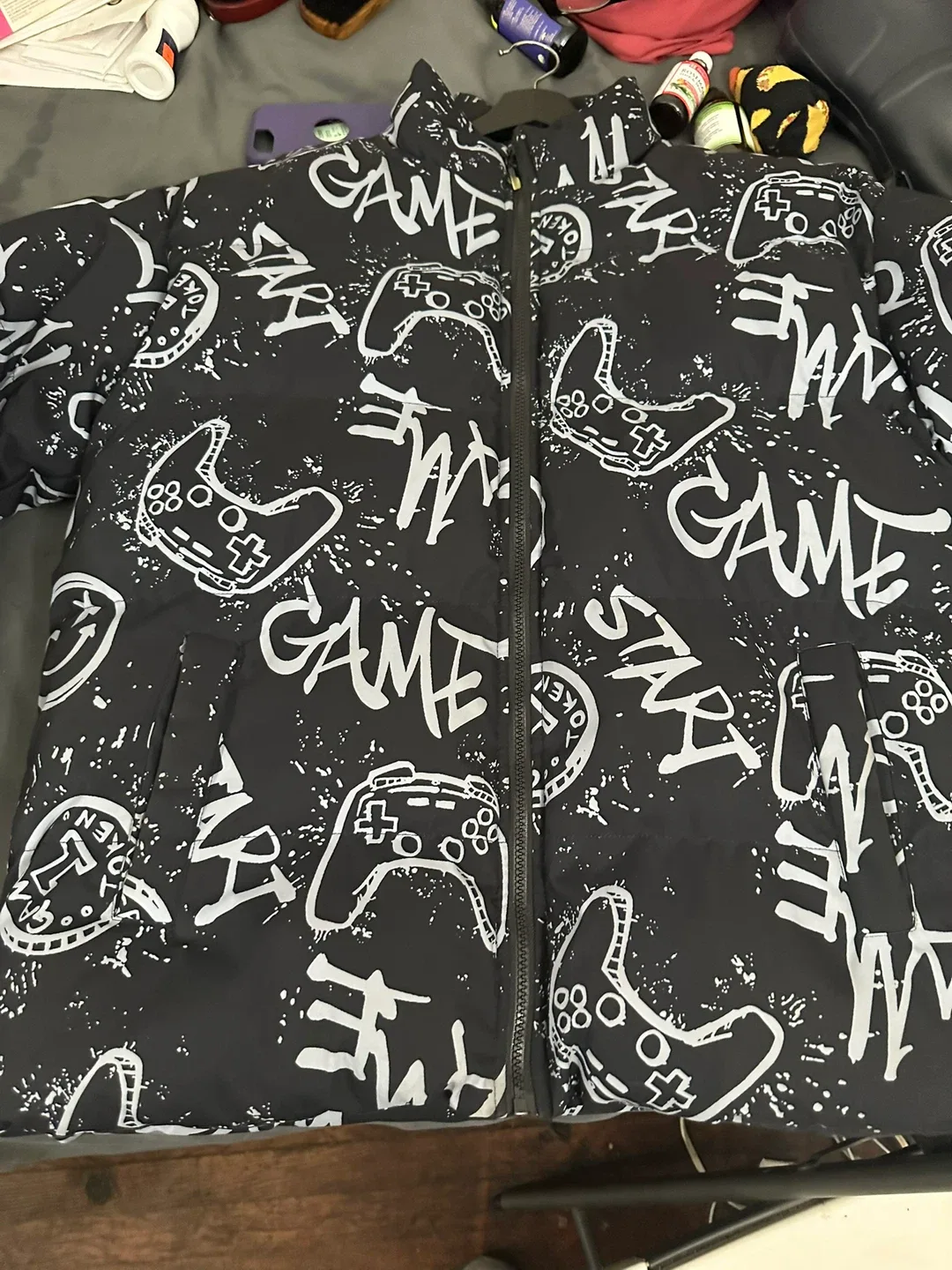 Black Puffer Jacket with Game Controller Print image indicator(4)