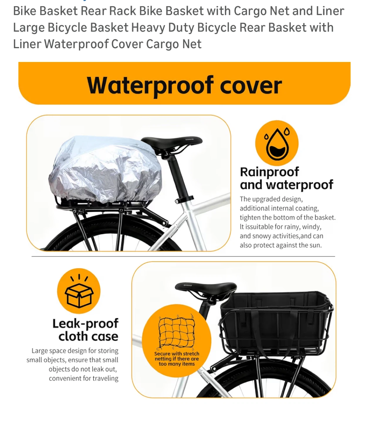 Bike Basket Rear Rack w/ Cargo Net & Liner - photo 4
