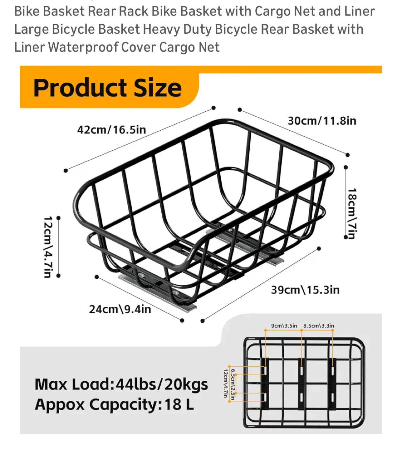 Bike Basket Rear Rack w/ Cargo Net & Liner - photo 3