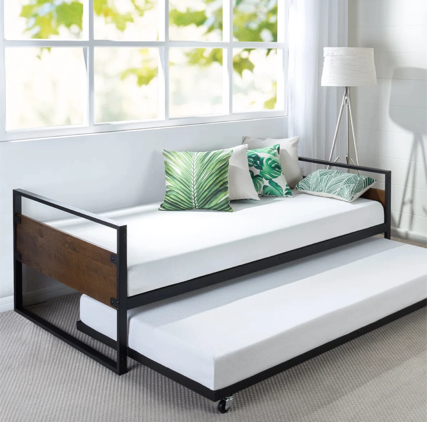 Black Metal & Wood Twin Bed Frame with Roll Out Bed - photo 5