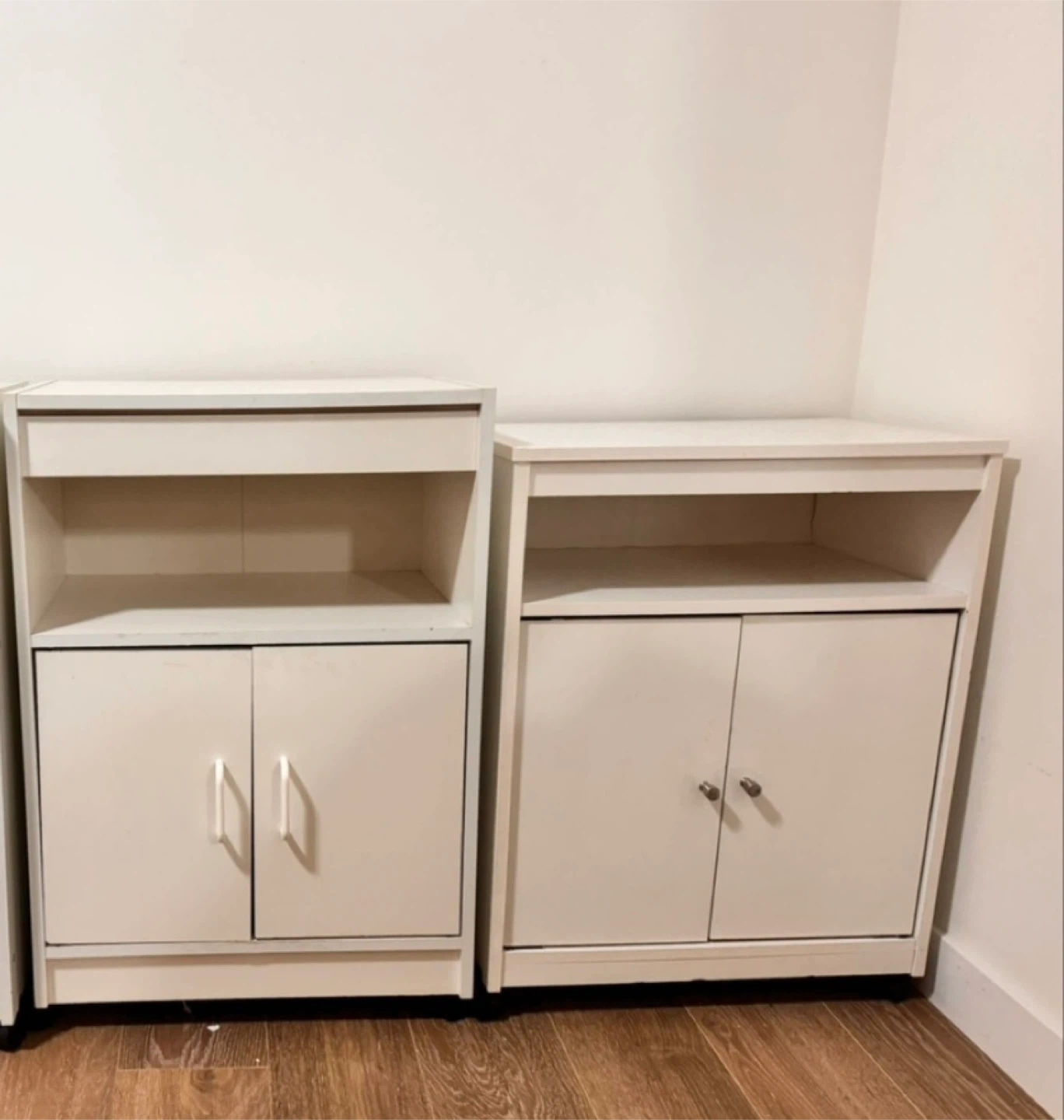 Two White Microwave Tables
