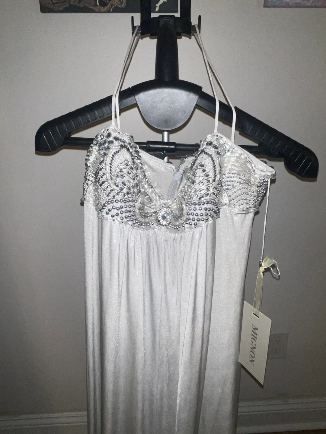 Mignon Ivory/Silver Embellished Beaded Jewel Gown size 10 image indicator(3)