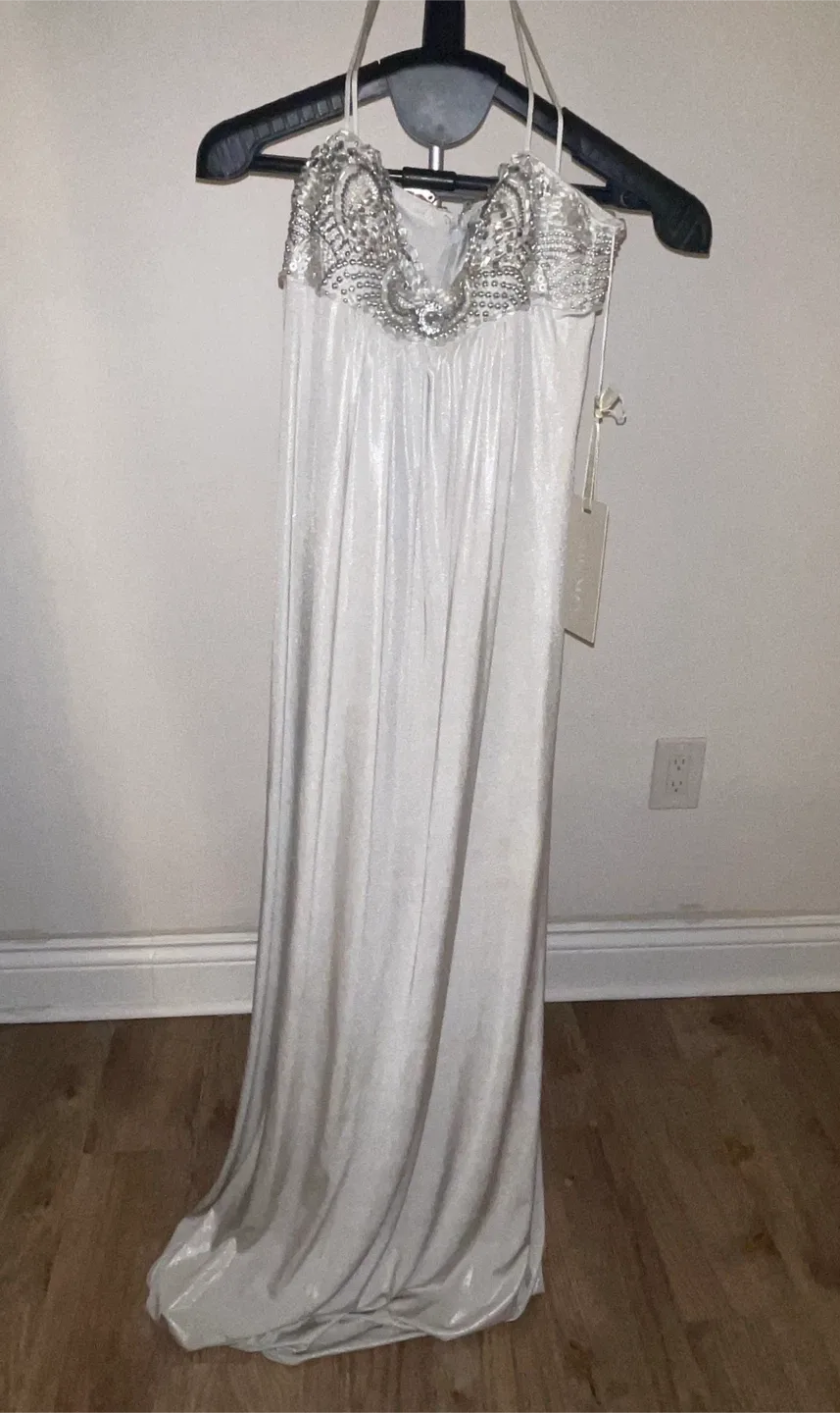Mignon Ivory/Silver Embellished Beaded Jewel Gown size 10 image indicator(2)