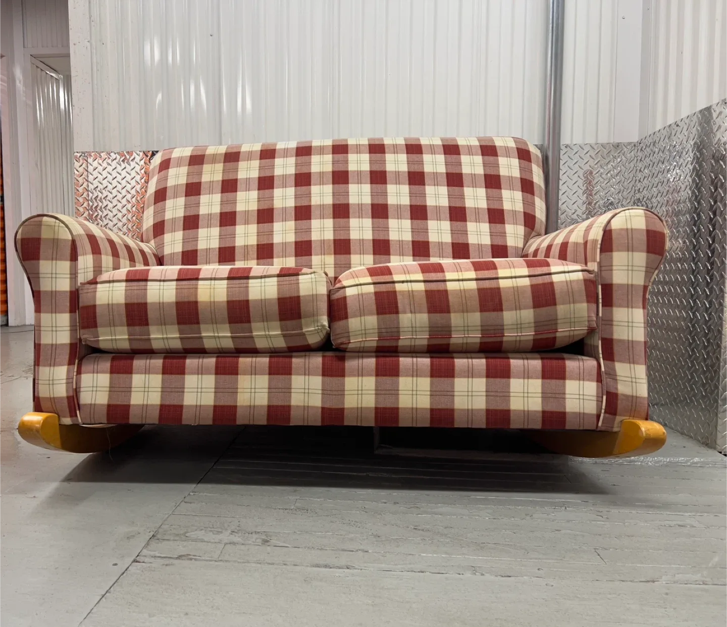 Red & Cream Plaid Rocking Loveseat