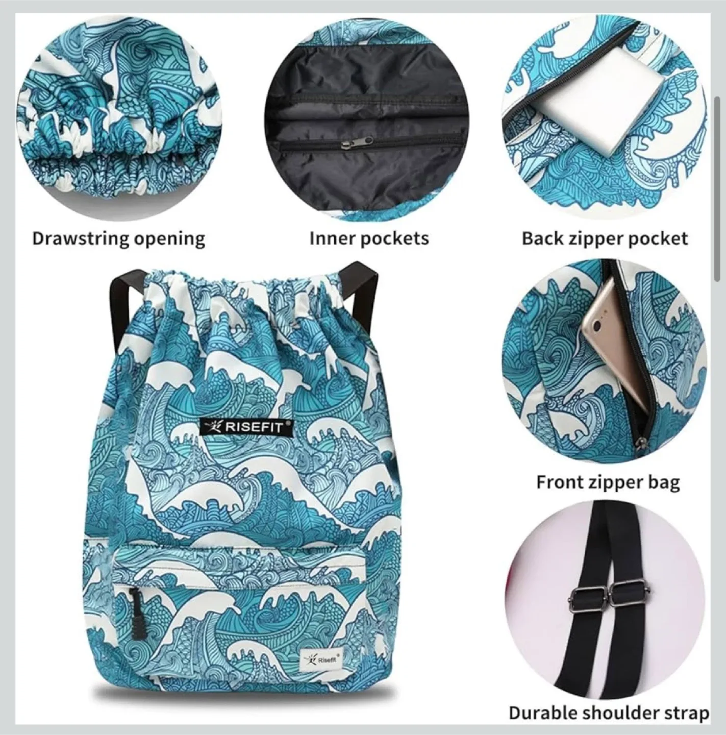 RISEFIT Drawstring Backpack - Blue Wave Pattern image indicator(2)