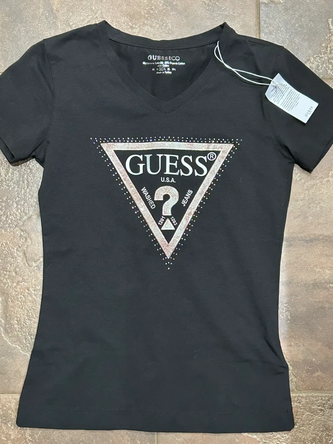GUESS Black Rhinestone Logo Tee - Size M thumbnail