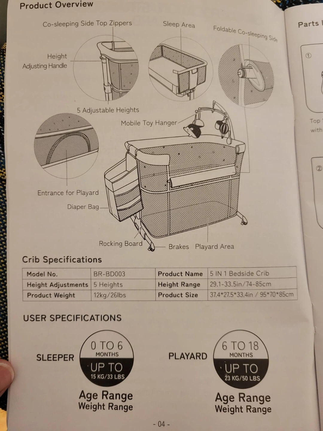 Besrey 5 in 1 Bedside Crib - Grey