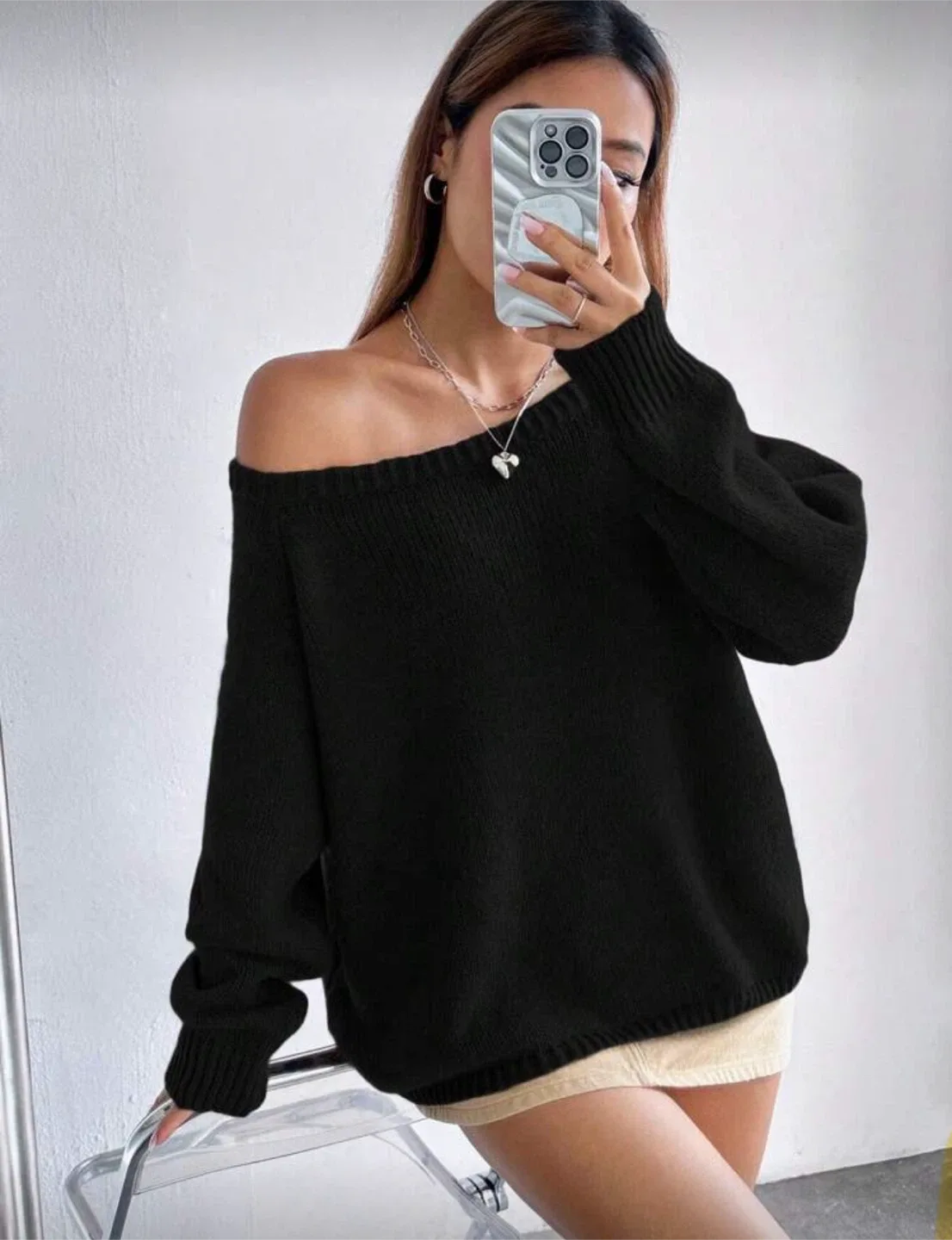 Black Off-the-Shoulder Knit Sweater