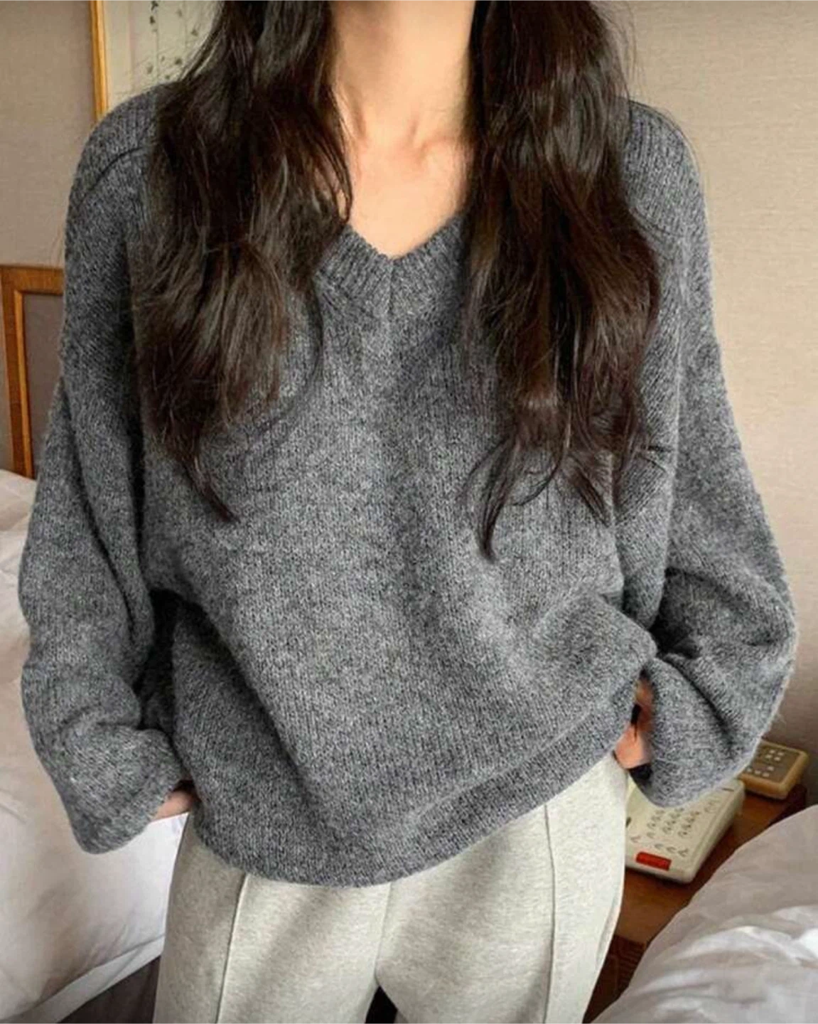 Grey V-Neck Knit Sweater - photo 3