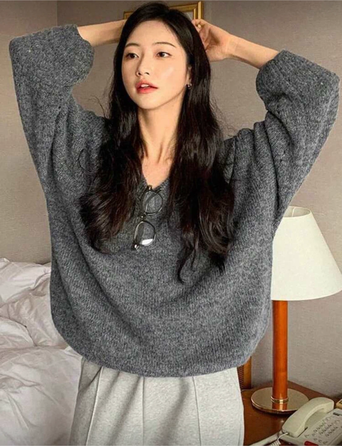 Grey V-Neck Knit Sweater - photo 2