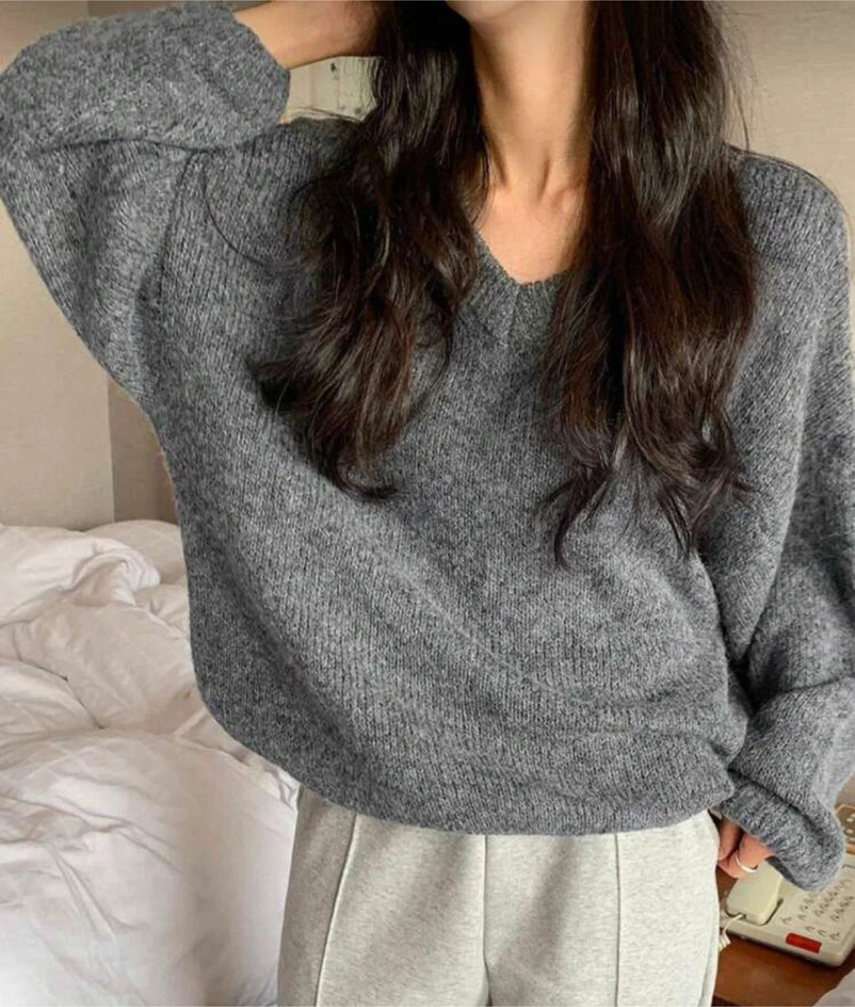 Grey V-Neck Knit Sweater