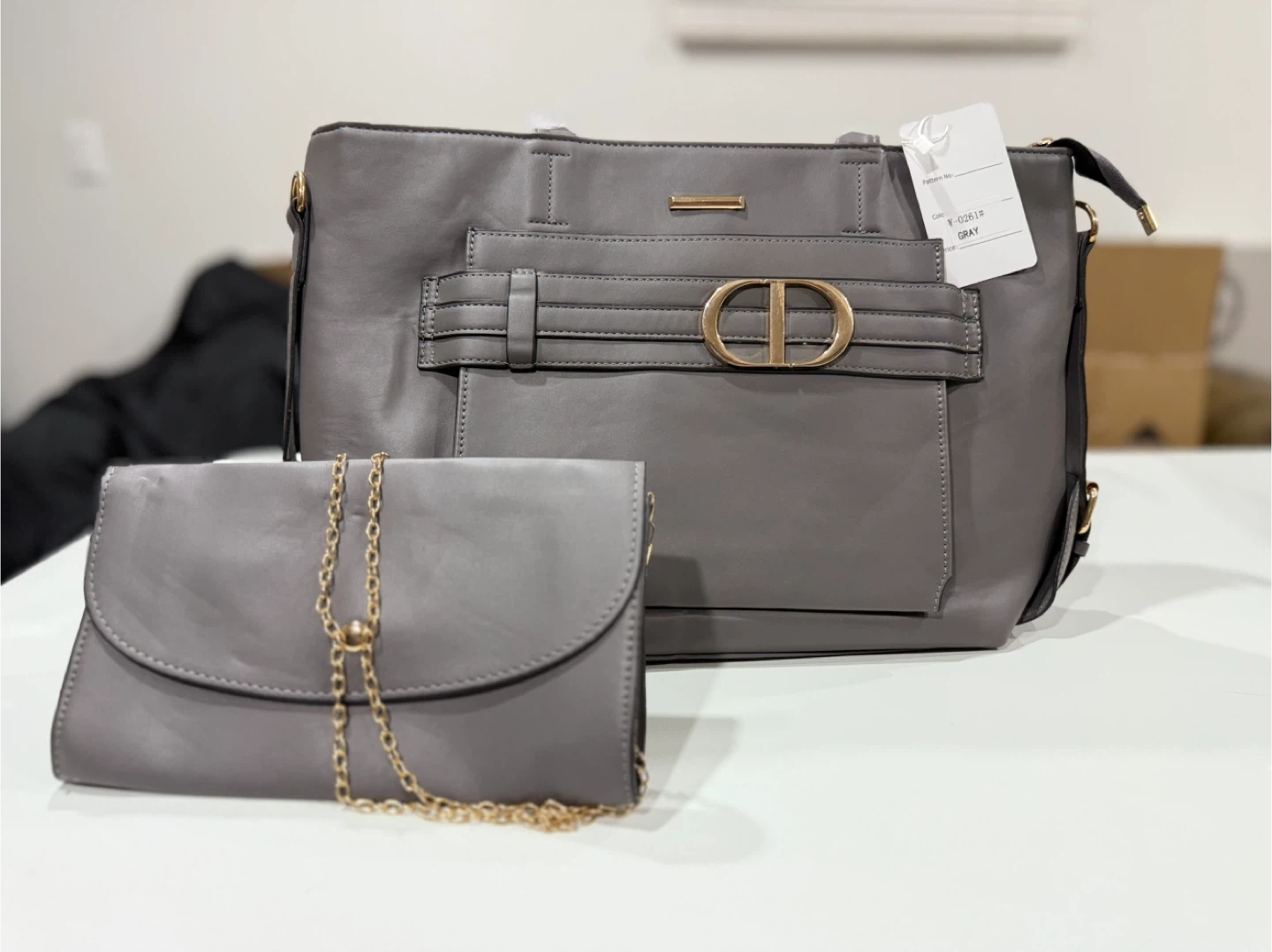 Gray Tote Bag with Matching Clutch