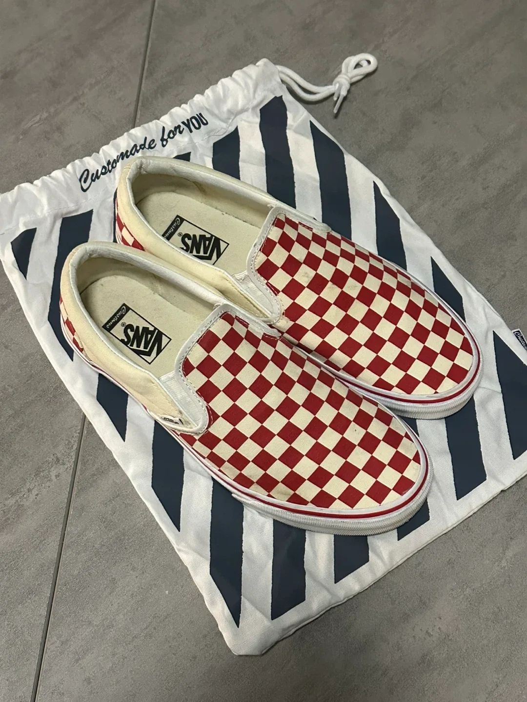 Custom Vans Red and off white Checkered Slip-On Shoes