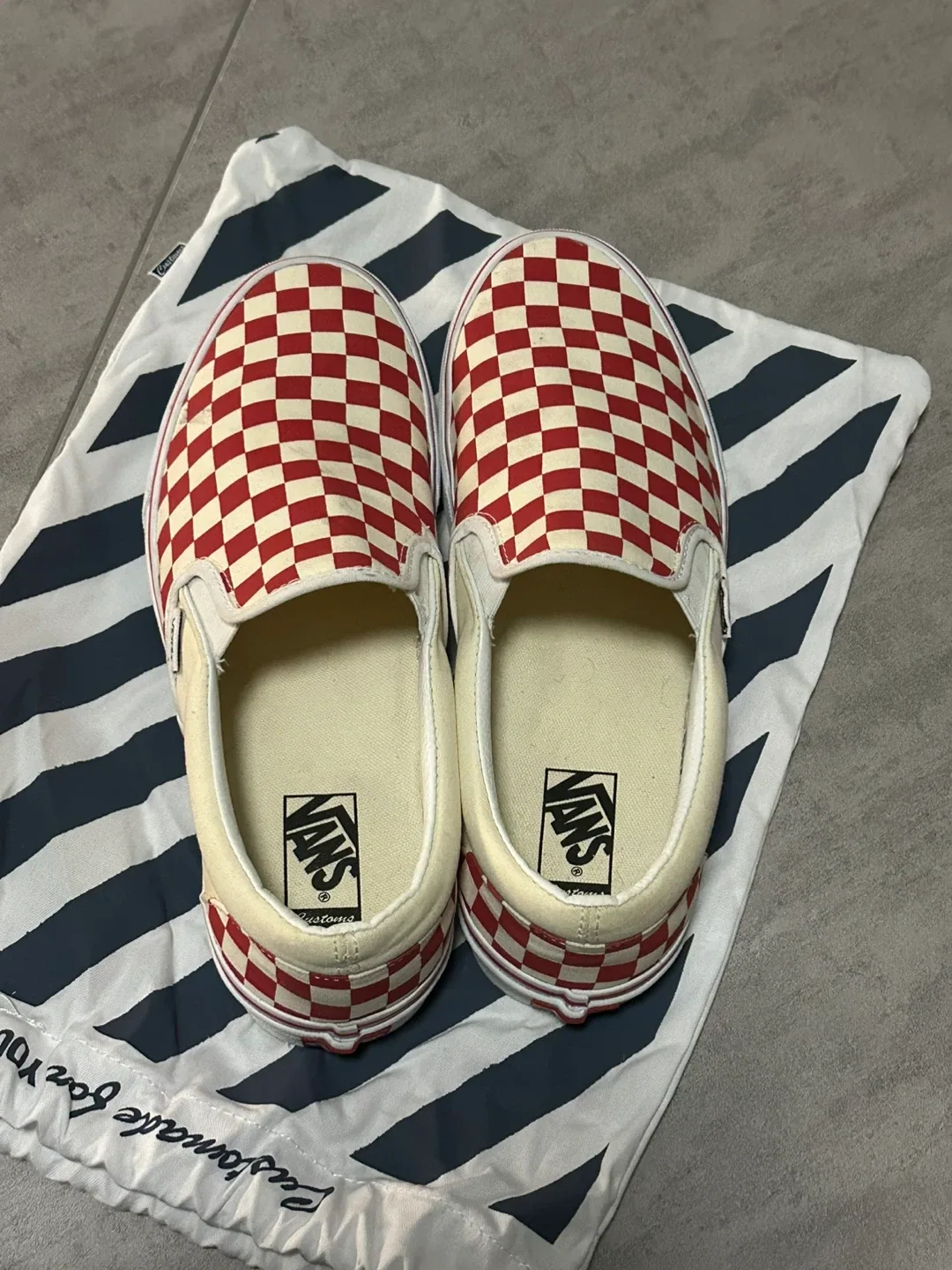 Custom Vans Red and off white Checkered Slip-On Shoes image indicator(4)