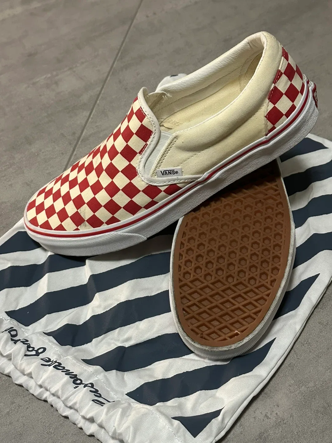 Custom Vans Red and off white Checkered Slip-On Shoes image indicator(2)