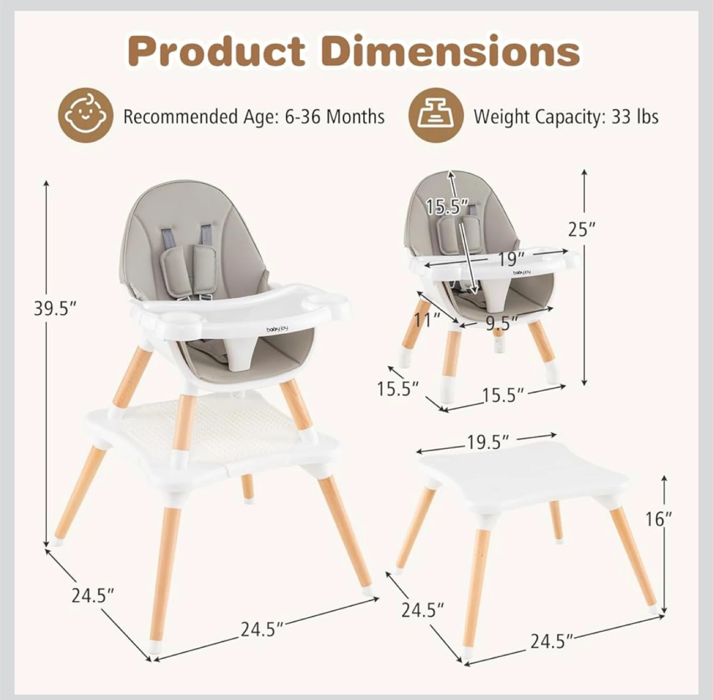BabyJoy 6-in-1 Convertible High Chair - Grey - photo 2