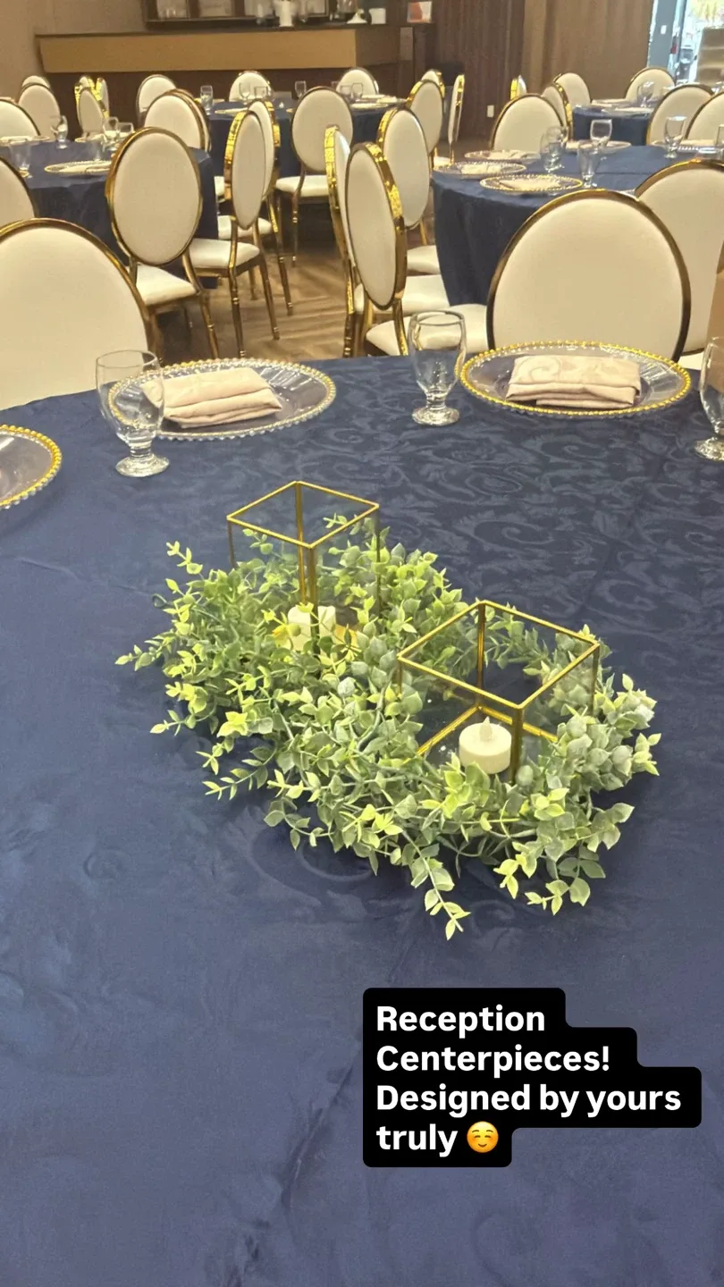 Gold Centerpieces: rectangles, cubes, hexagons with greenery