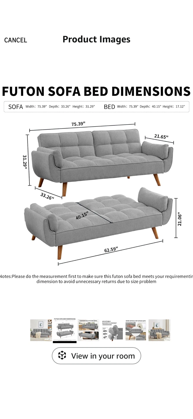 Convertible Futon Sofa Bed - Linen Sleeper Couch - photo 3