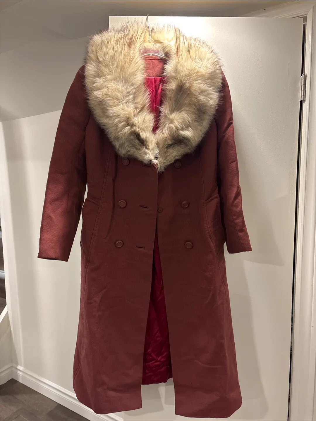 Burgundy Coat with Faux Fur Collar image indicator(2)