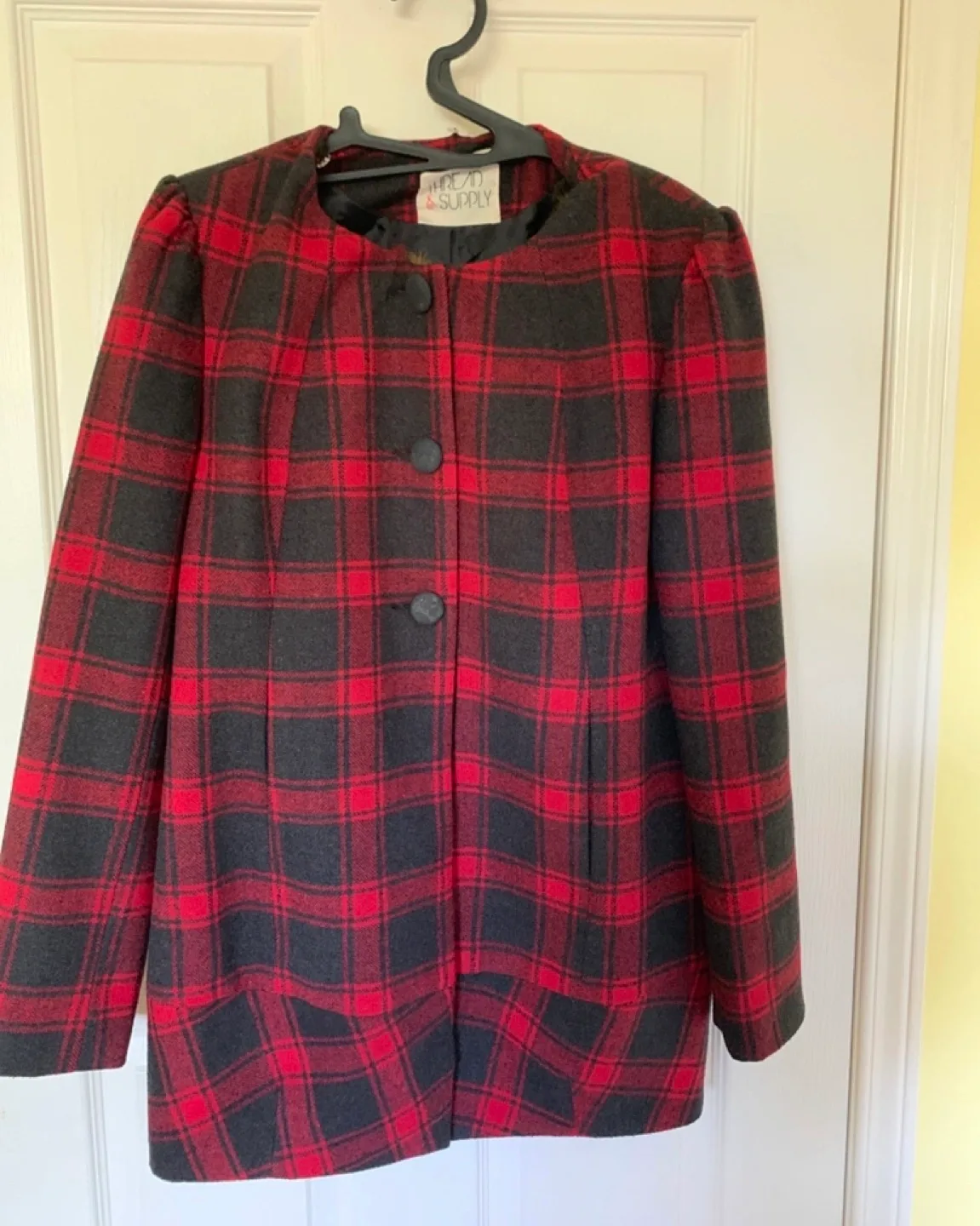 Red and Black Plaid wool Coat with Faux Fur Collar. New image indicator(2)