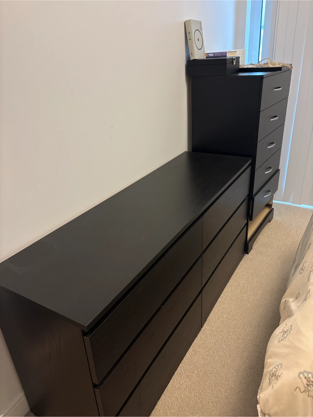 Two IKEA Malm Black-Brown Dressers & two Nightstand