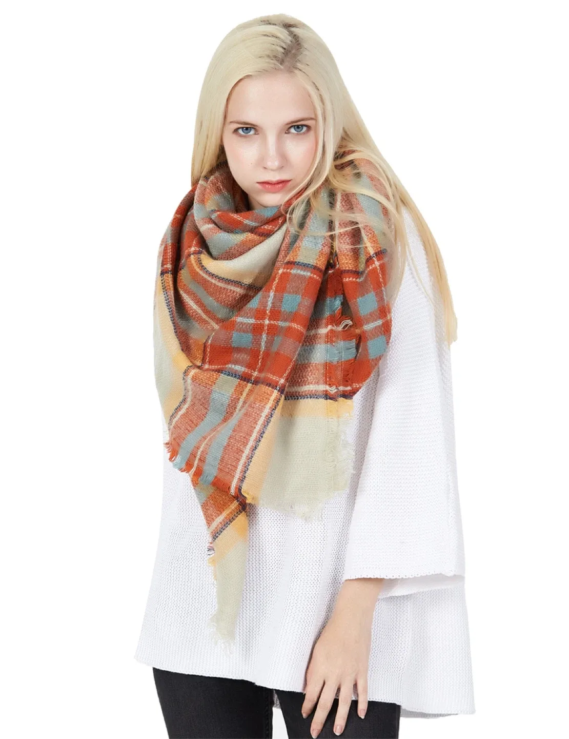 Plaid Blanket Scarf - Orange, Blue, Cream image indicator(4)