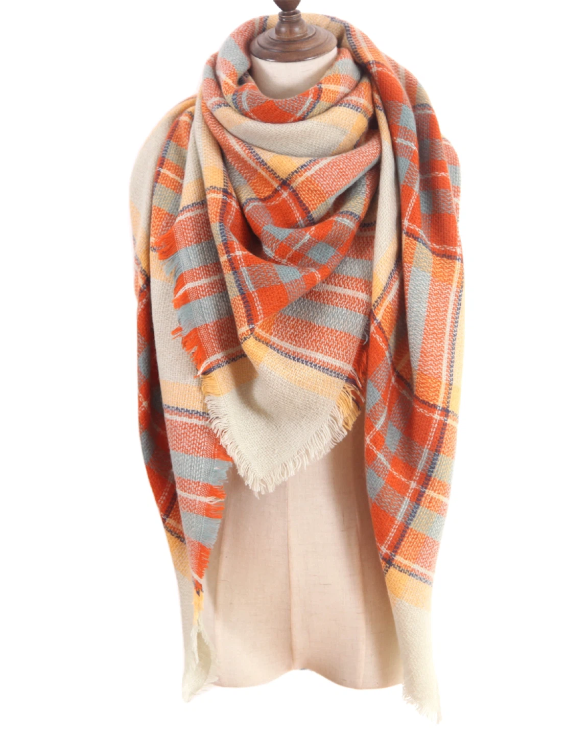 Plaid Blanket Scarf - Orange, Blue, Cream - photo 2
