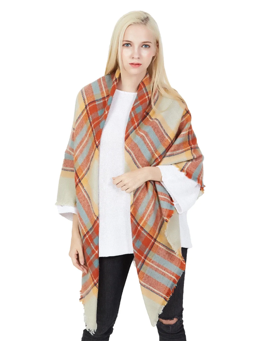 Plaid Blanket Scarf - Orange, Blue, Cream