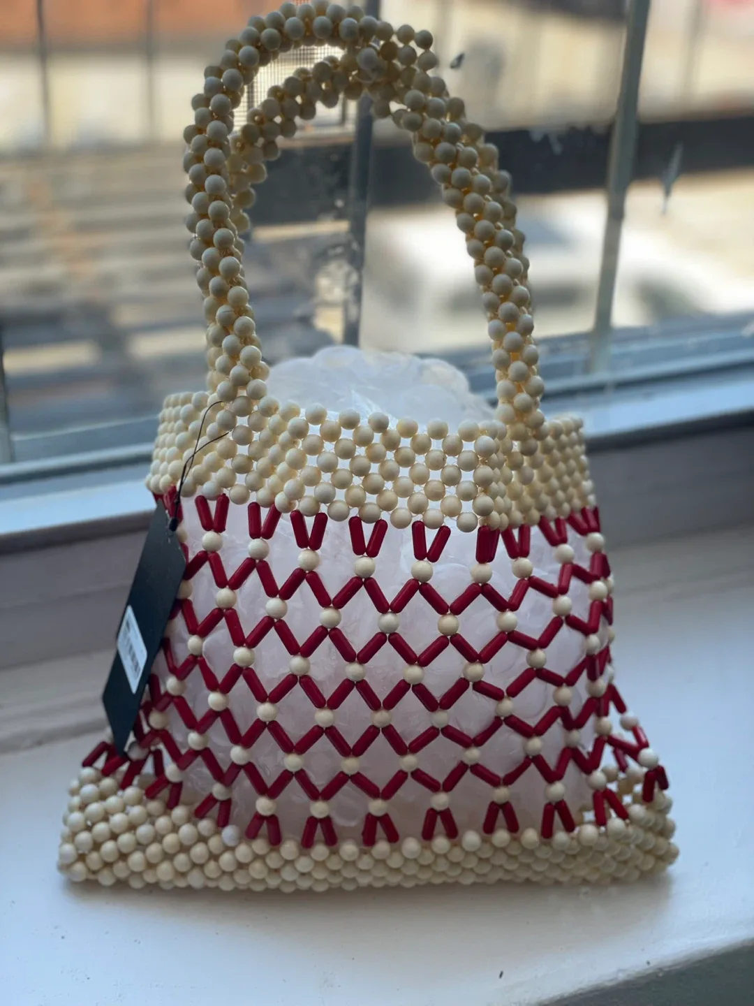 Beaded Handbag - Red and Cream