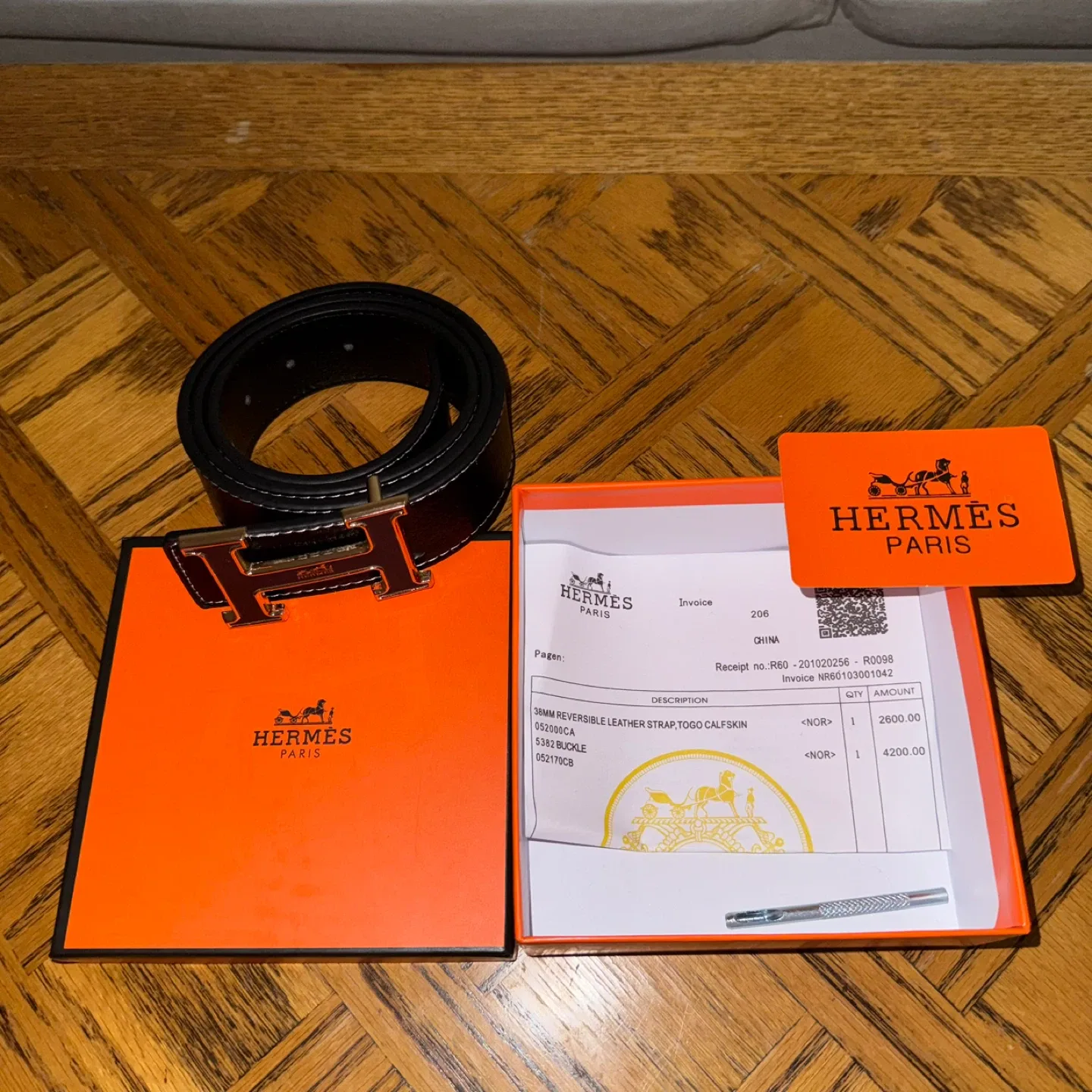 Hermes Reversible Leather Belt 44/110 Black/Gold New
