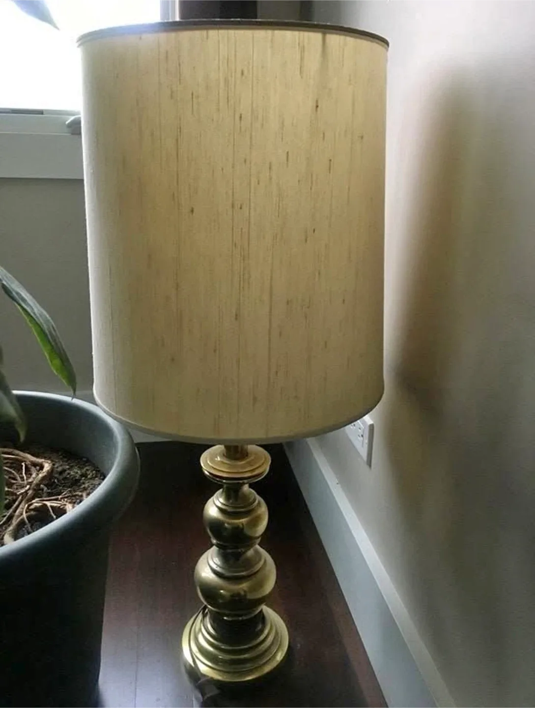 Vintage Brass Table Lamp with Beige Shade thumbnail