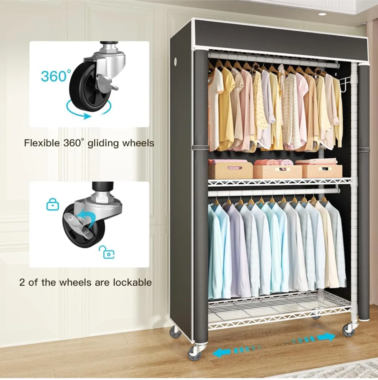 New White Rolling Clothing Rack with Black Cover image indicator(3)
