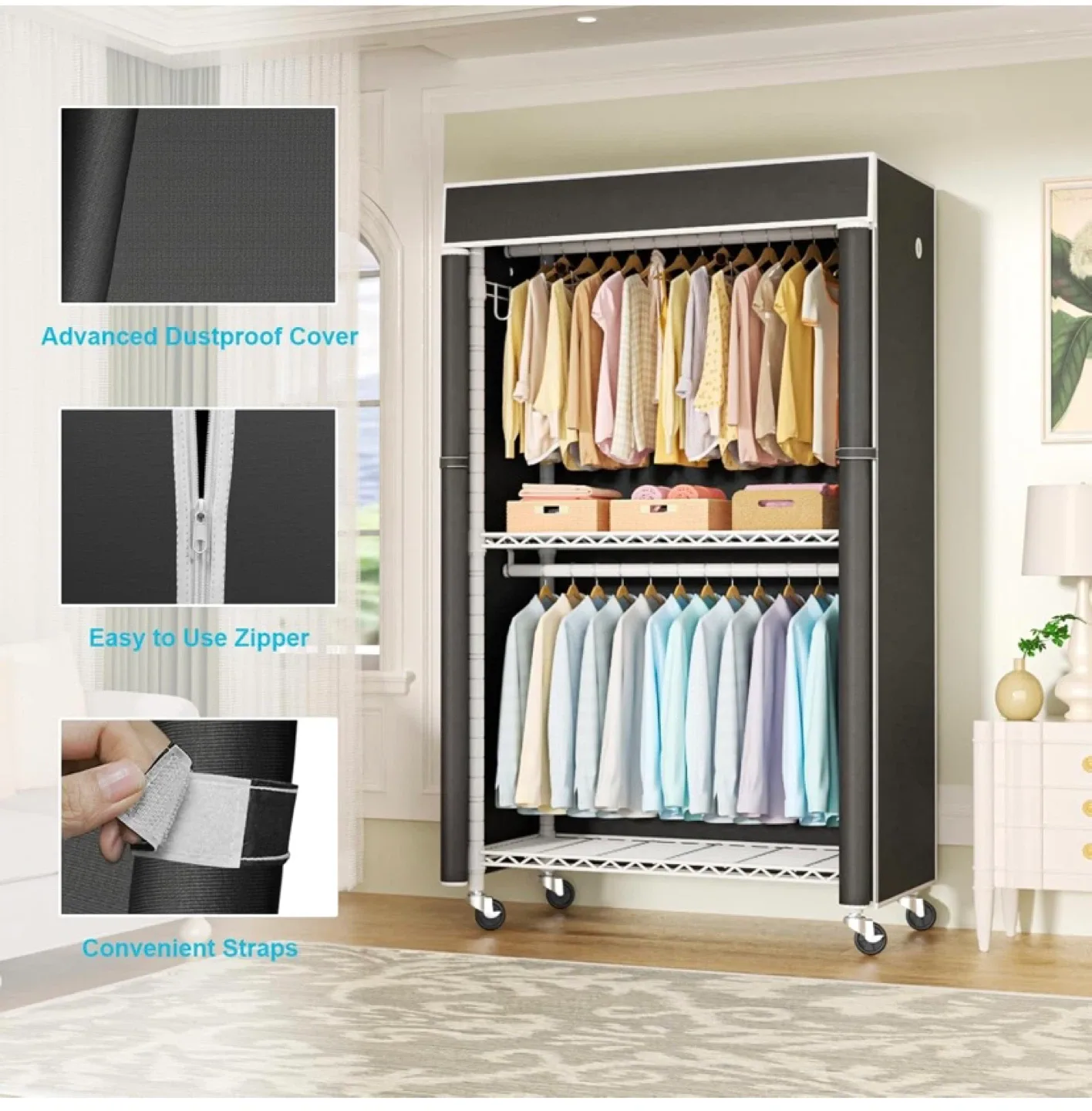 New White Rolling Clothing Rack with Black Cover image indicator(4)