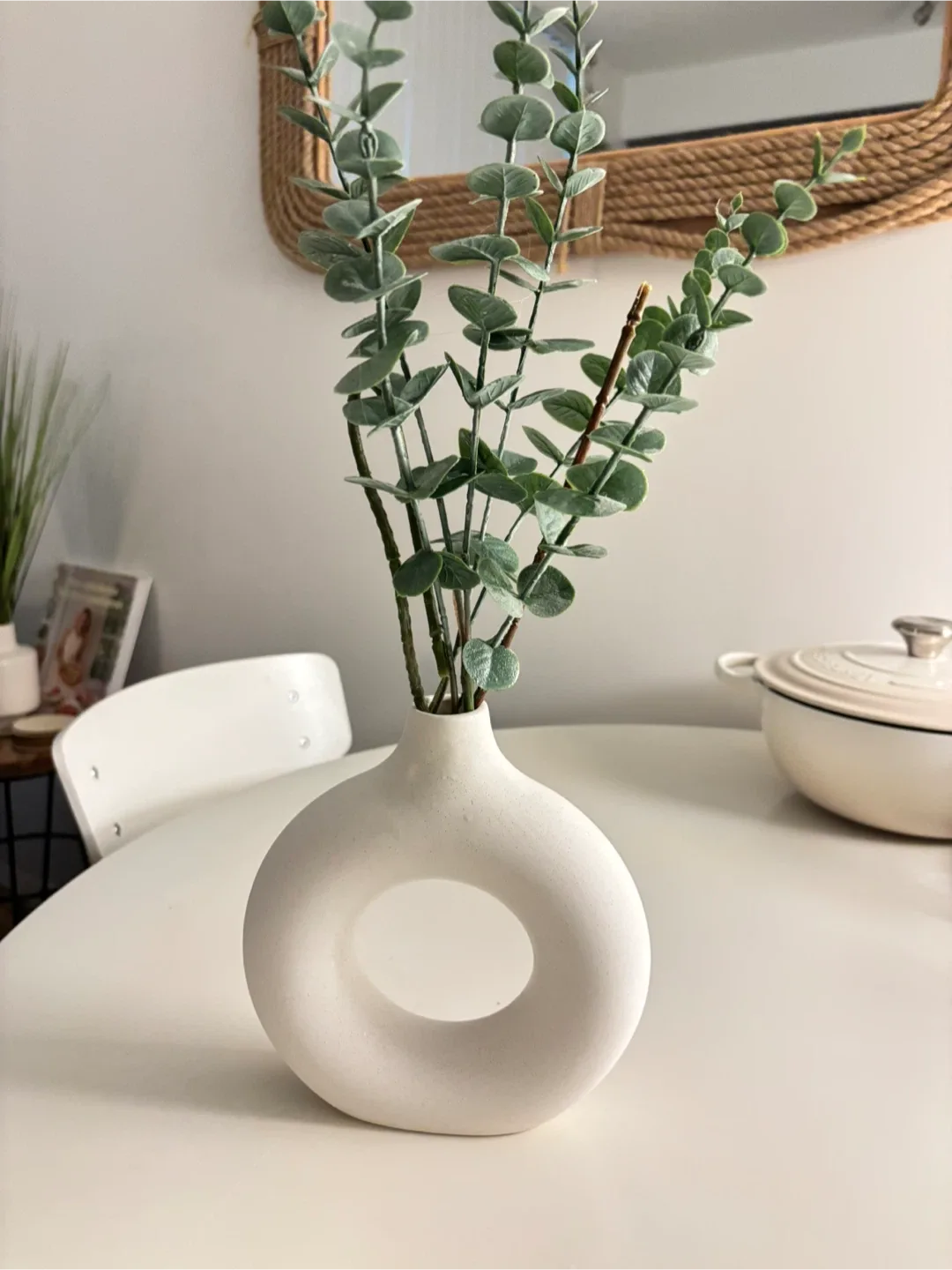 White Donut Vase with Artificial Eucalyptus