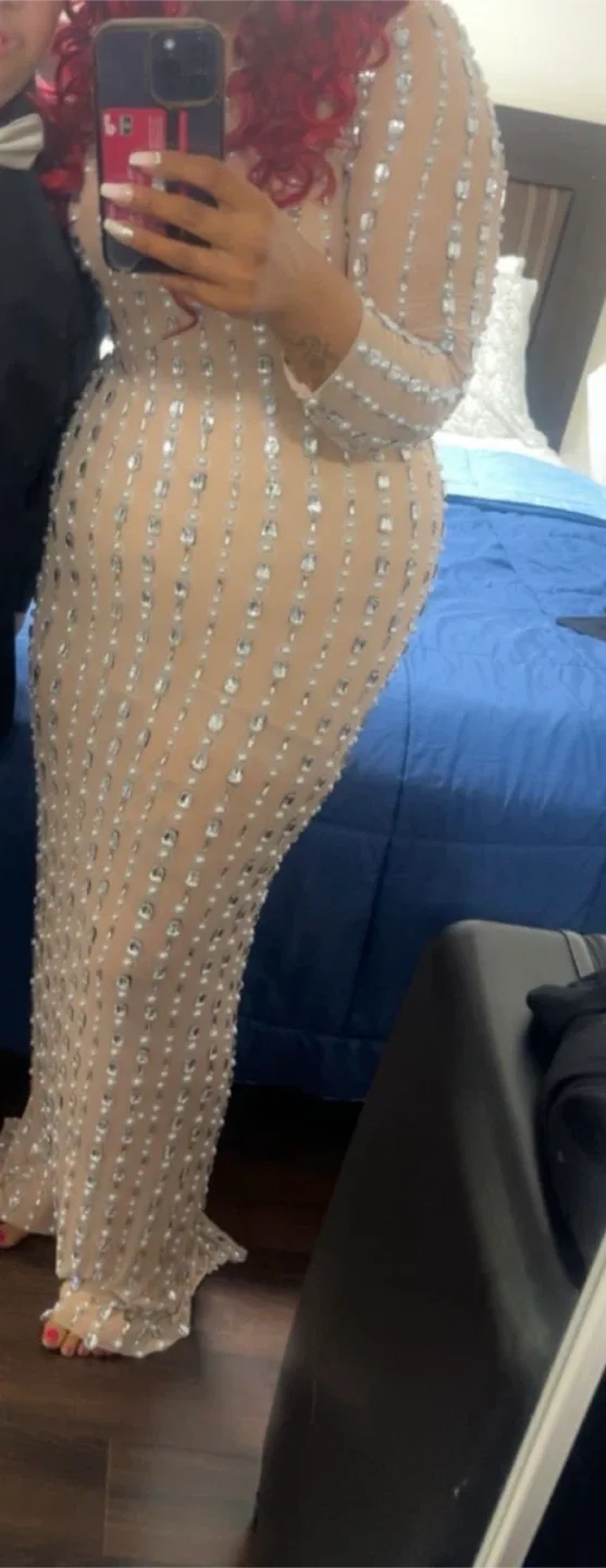 Beige Rhinestone Embellished Maxi Dress