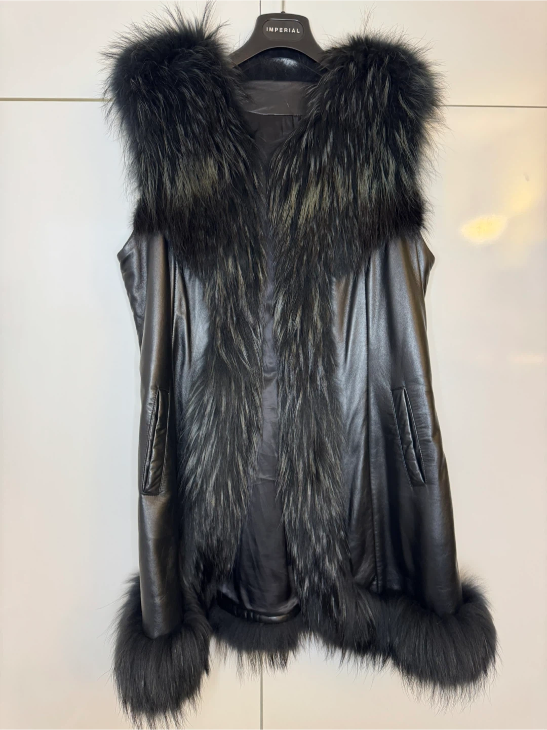 Black leather and Raccoon Hair Vest