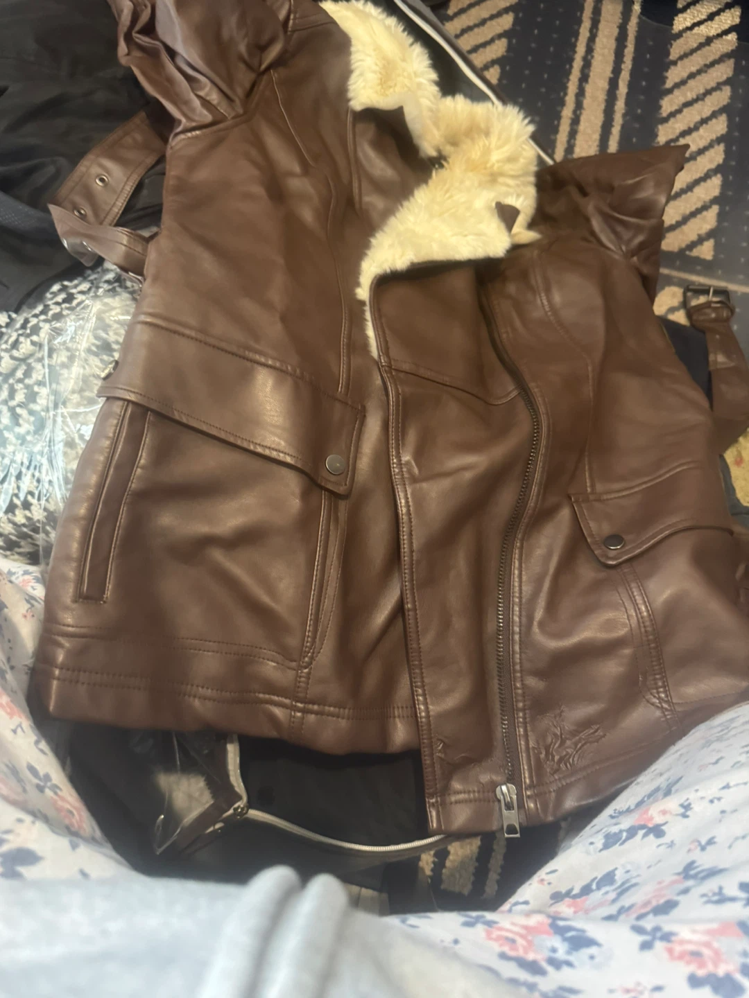 Brown Leather Jacket with Fur Collar
