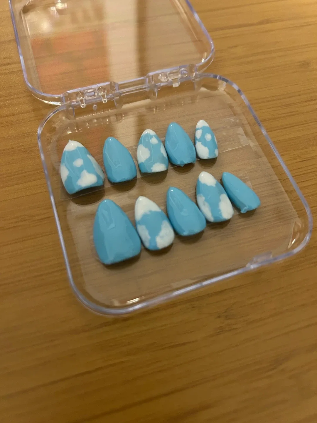 Press-On Nails - Sky Blue with Cloud Design (S) thumbnail