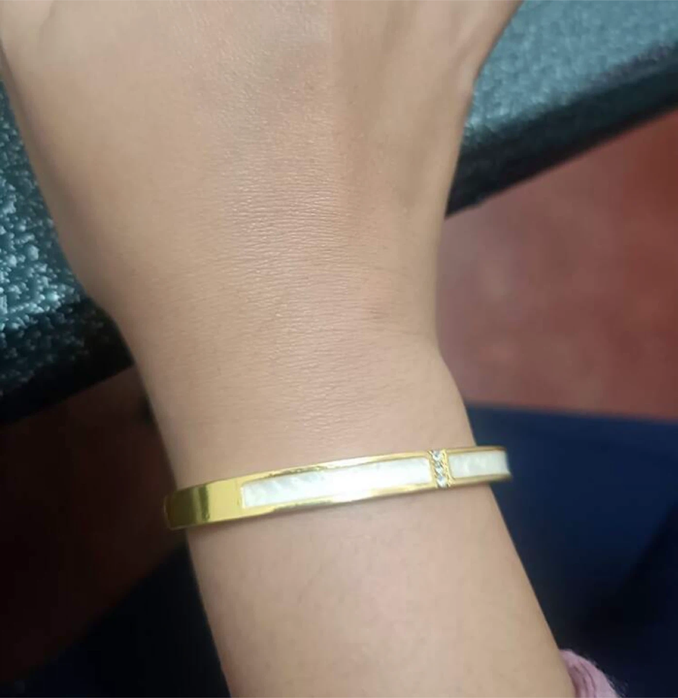 Gold Plated Bangle Bracelet with White Inlay
