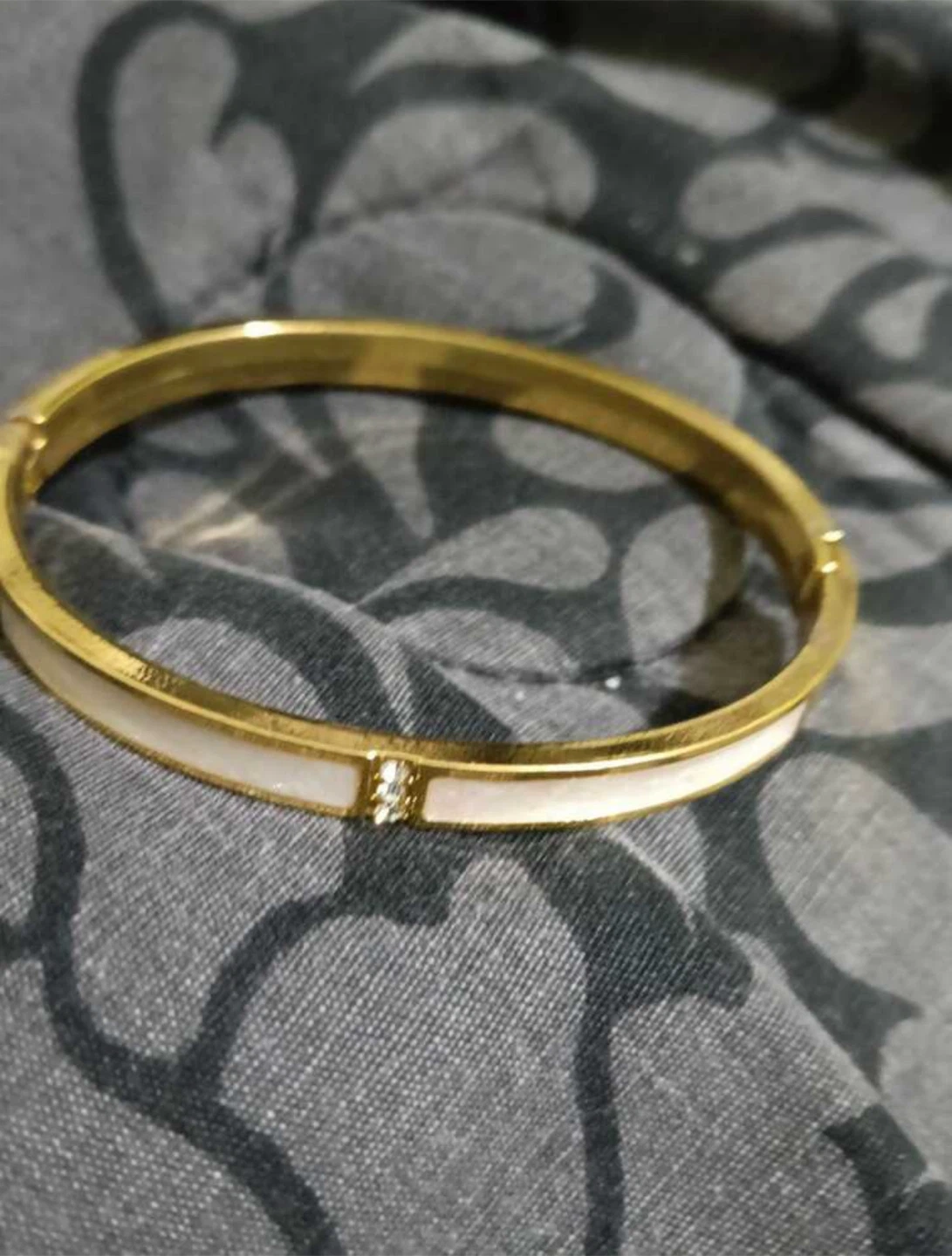 Gold Plated Bangle Bracelet with White Inlay - photo 2