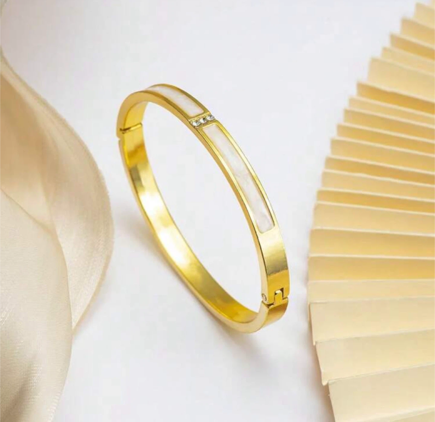 Gold Plated Bangle Bracelet with White Inlay - photo 3