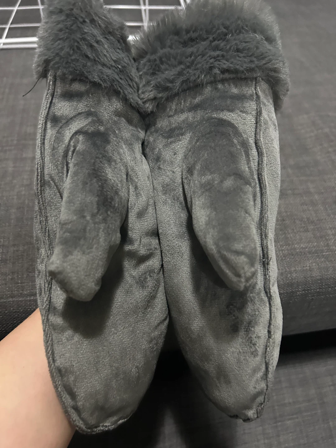 Grey Faux Fur Trimmed Mittens
