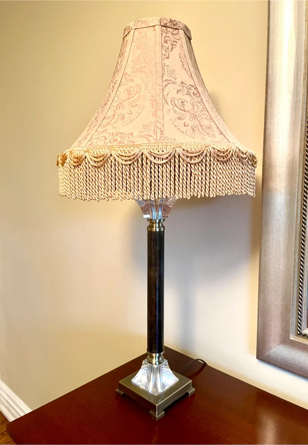 Pair of NEW Gold Damask Lampshades with Fringe image indicator(2)