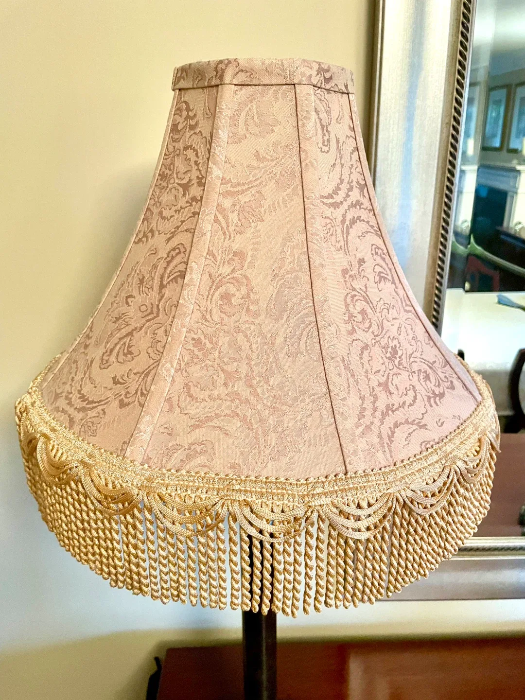 Pair of NEW Gold Damask Lampshades with Fringe image indicator(3)