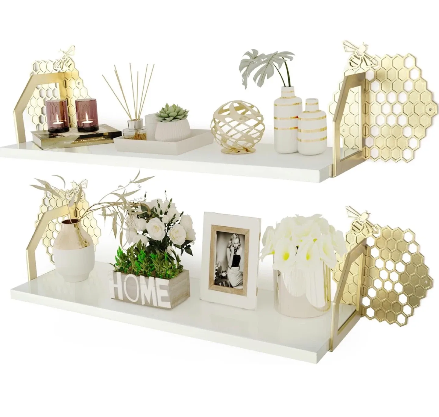 🥕 Wall Shelf White/Gold Beehive Honeycomb design