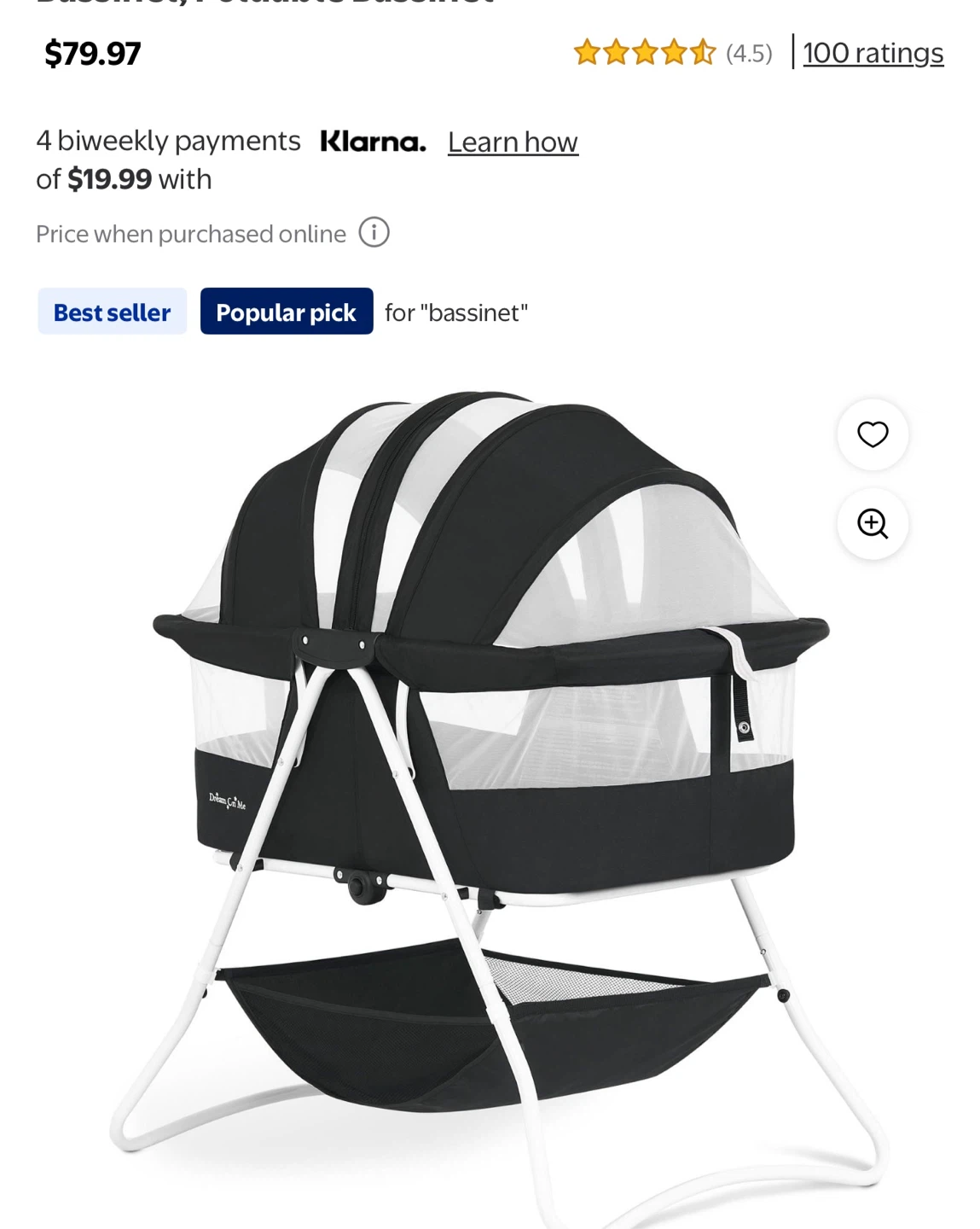 Dream On Me Portable Bassinet - Black & White