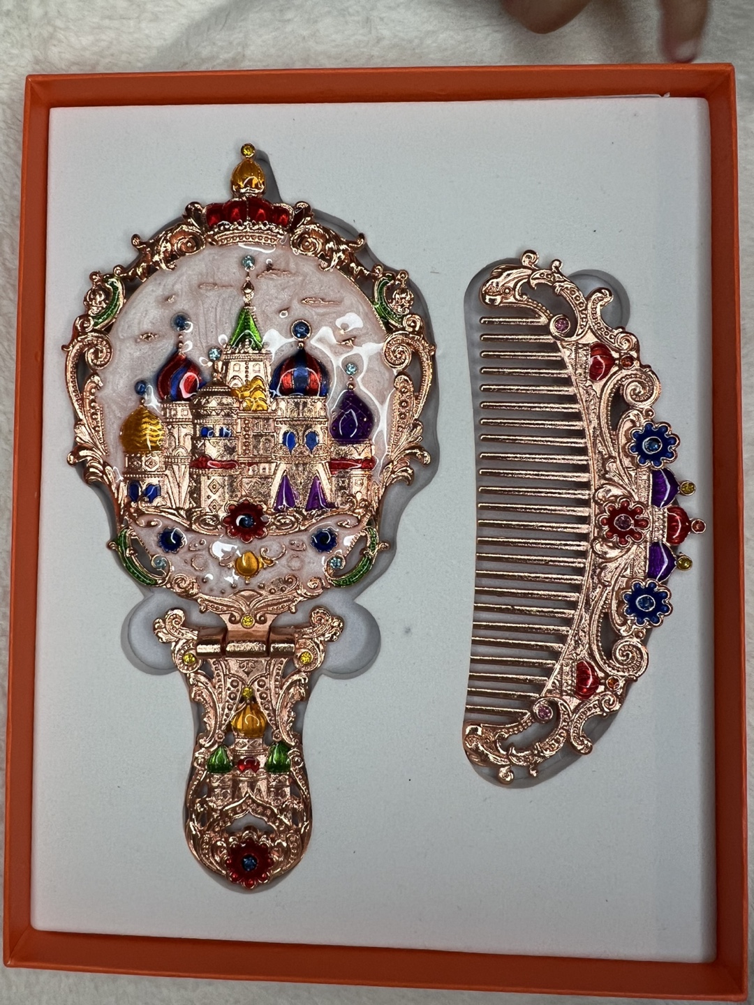 Ornate Rose Gold Mirror & Comb Set