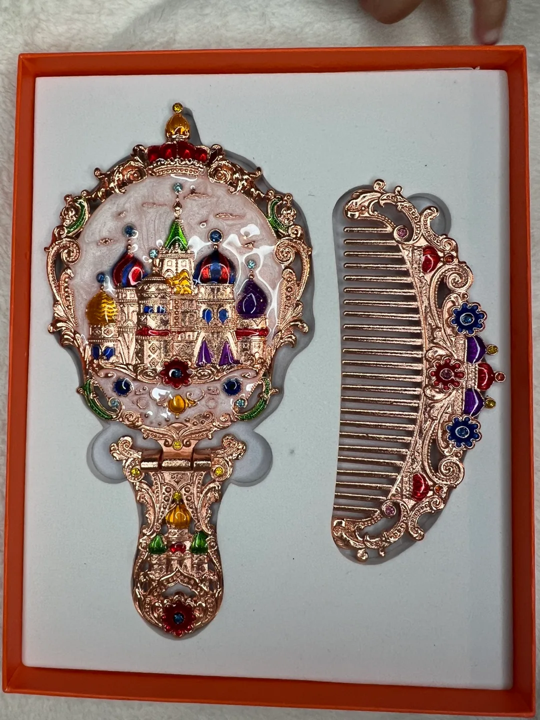 Ornate Rose Gold Mirror & Comb Set